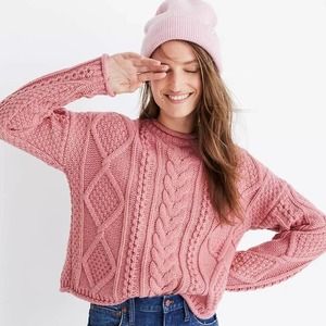 MADEWELL Slope Cable Knit Pullover Sweater - Pink - Size Small